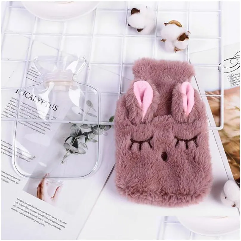 sundries reusable winter warm heat hand warmer pvc stress pain relief therapy hot water bottle bag with knitted soft rabbit cozy cover