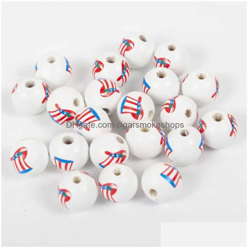 10pcs american independence day twine tassel wood bead string wooden charm round beads spacer beads diy for jewelry making