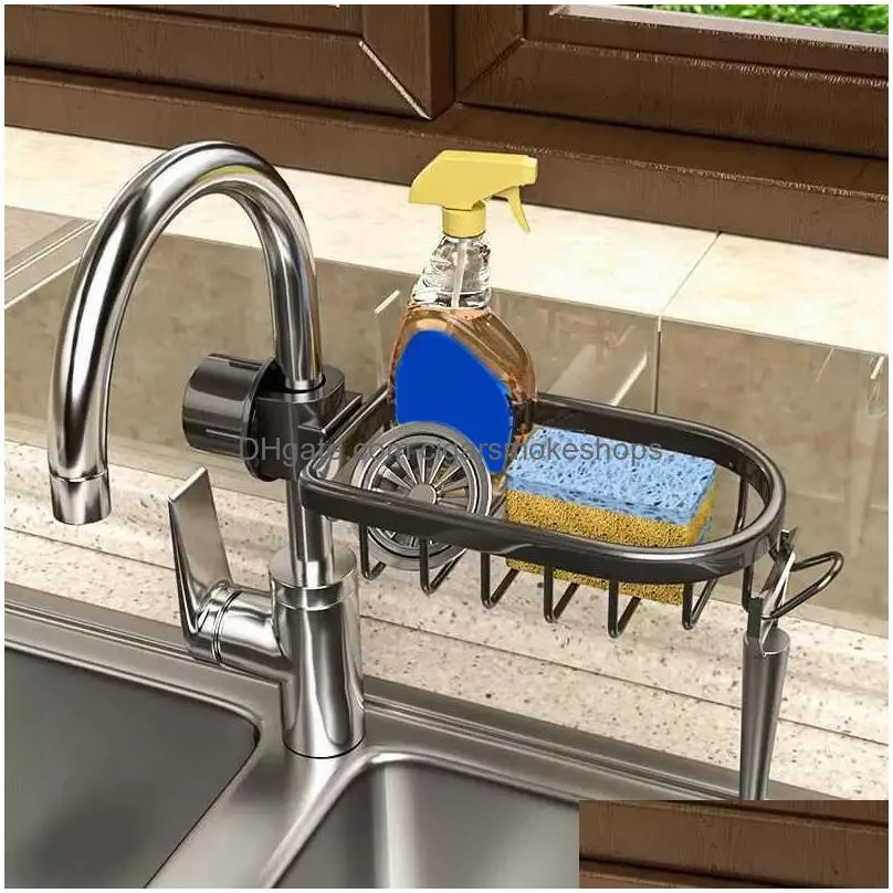 kitchen sink drain rack sponge storage faucet holder space aluminum soap drainer shelf basket organizer bathroom accessories