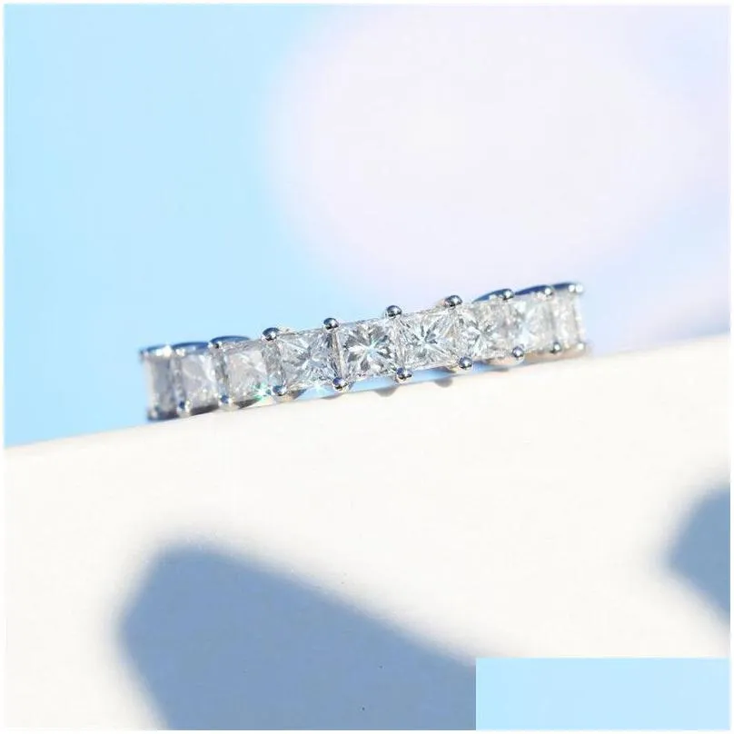 Classic Fine Jewelry 925 Sterling Silver Full Princess Cut White Topaz CZ Diamond Gemstones Eternity Square Party Women Wedding Band
