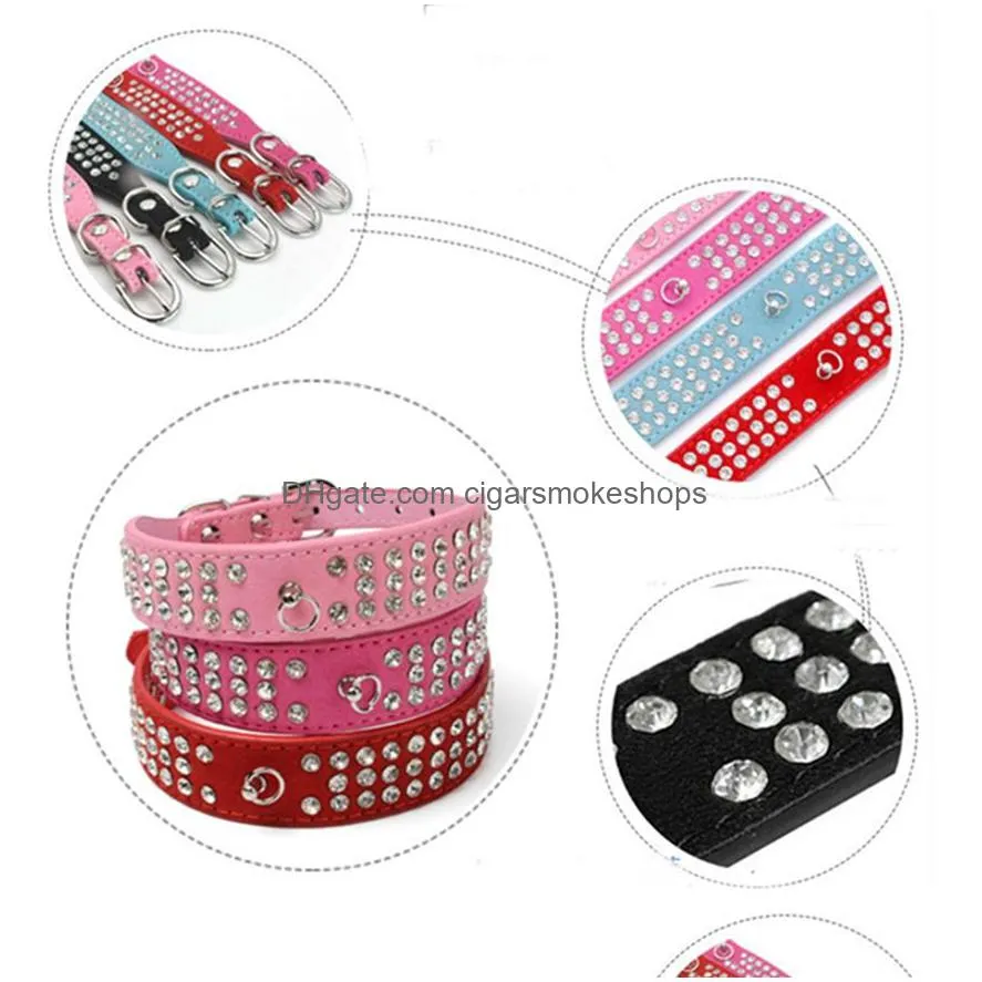 personalized length suede skin jeweled rhinestones pet dog collars three rows sparkly crystal diamonds studded puppy dog collar