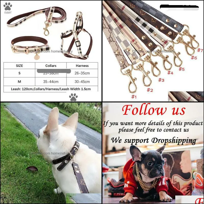 Designer Dog Collar Leashes Set Classic Plaid Leather Pet Leash No Pull Dog Harness for Small Medium Dogs Cat Chihuahua Bulldog Poodle Brown S