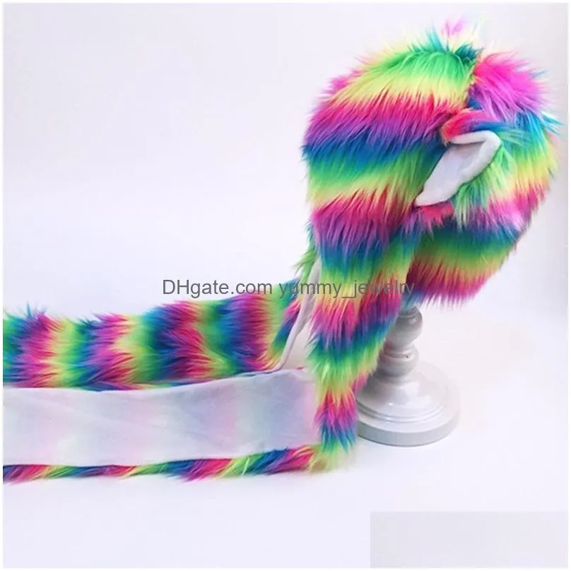 beanieskull caps women rainbow stripes furry animal hoodie hat fluffy plush ears paws 3 in 1 multifunctional earflap cap scarf gloves earmuff