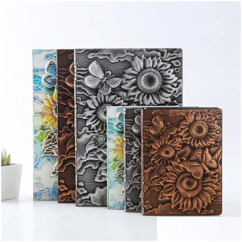 wholesale notepads retro notebook diary notepad vintage sunflower pu leather notebook embossed notepad stationery gift traveler journal