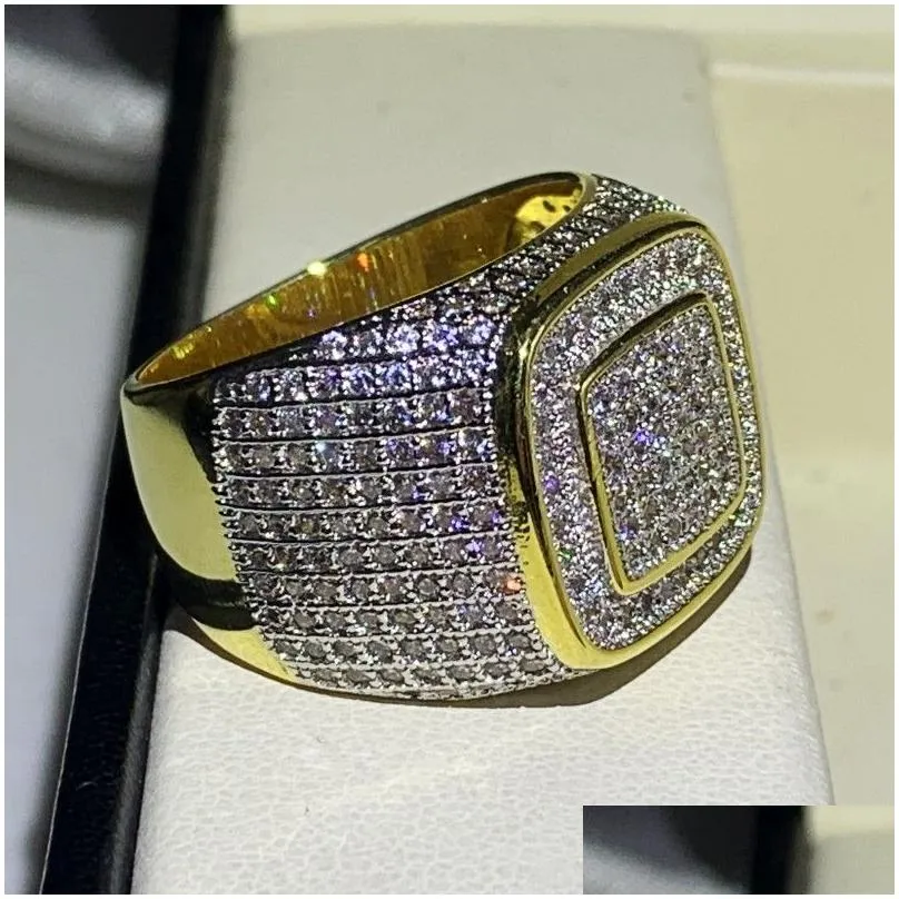 Hip Hop Sparkling Luxury Jewelry Male Fashion 925 Silver Gold Fill Pave White Sapphire CZ Diamond Gemstones Wedding Band Ring For Men