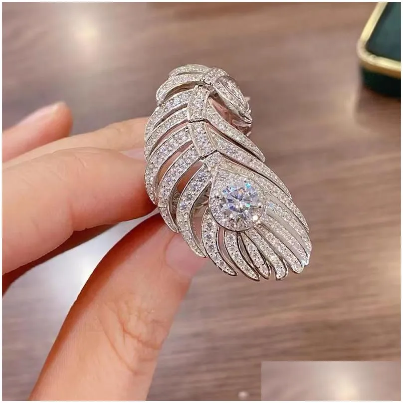 Ins Top Sell Wedding Rings Luxury Jewelry 925 Sterling Silver Pave White Sapphire CZ Diamond Gemstones Eternity Feather Open Adjustable Ring for Lover