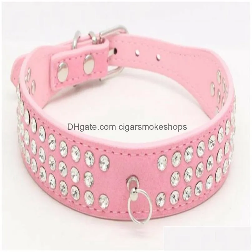 personalized length suede skin jeweled rhinestones pet dog collars three rows sparkly crystal diamonds studded puppy dog collar