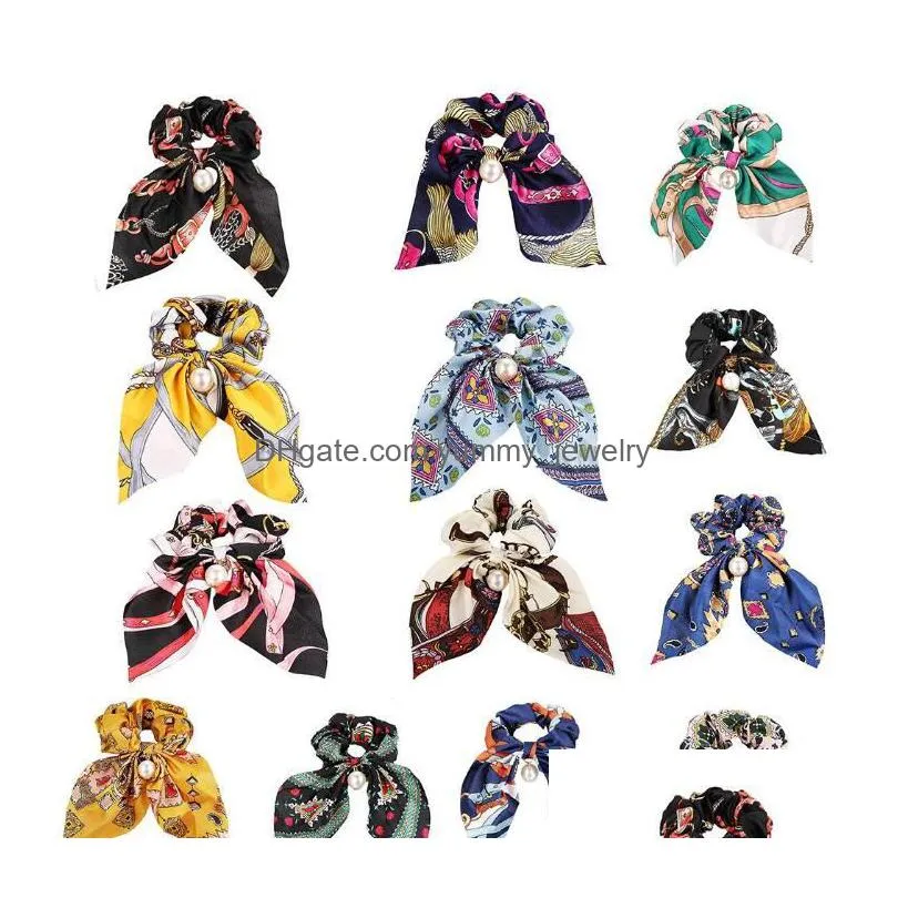 2020 new chiffon bowknot silk hair scrunchies women pearl ponytail holder hair tie hair rope rubber bands accessories gd555