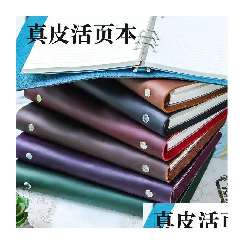 wholesale notepads aiguoniu genuine leather handmade a6 size ring planner vintage unisex notebook with 6-hole binder sketchbook notepad wholesale