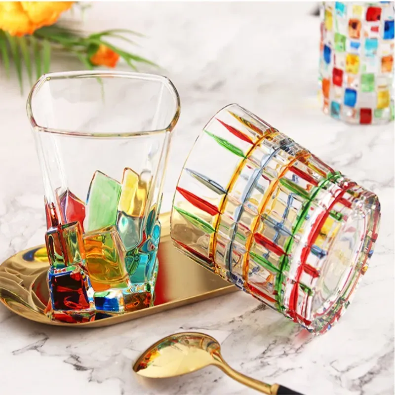 100pcs dining bar stained glass scandinavian fashion hand-painted pattern juice weave contrast mug thickened glass mug woven whiskey wine