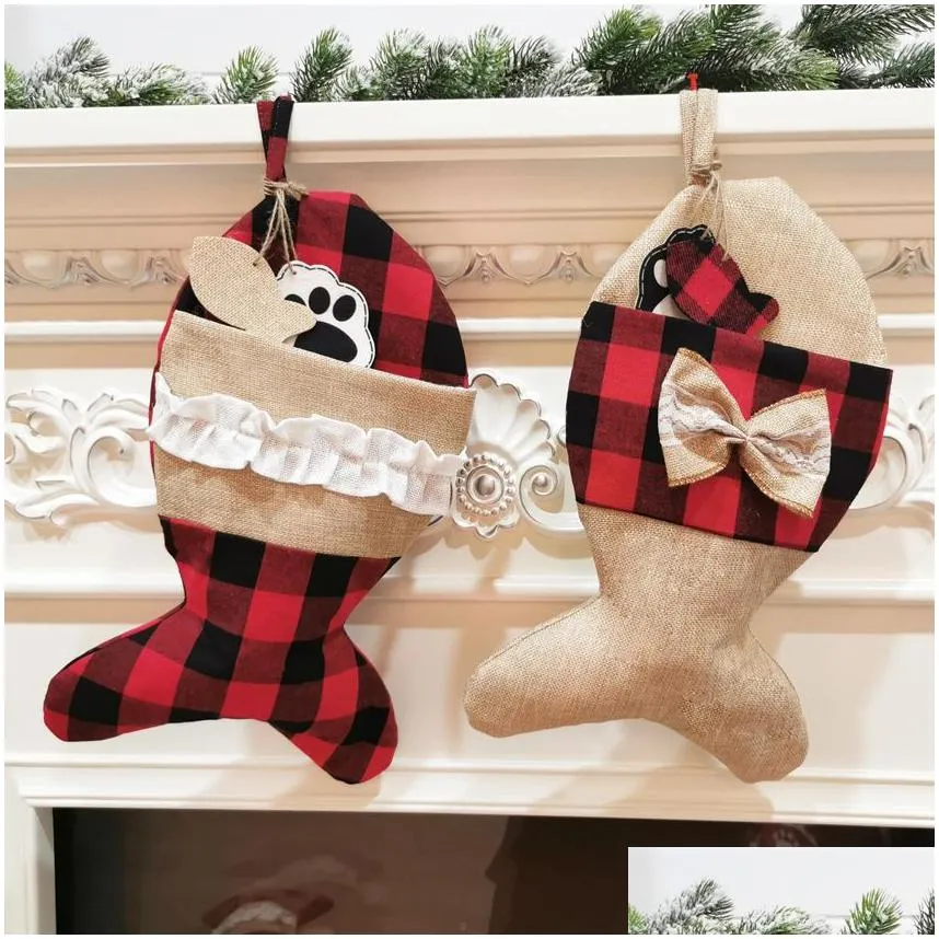 christmas stockings pet socks plaid decoration gift socks christmas pet sock gift bag christmas tree decor ljjk2441