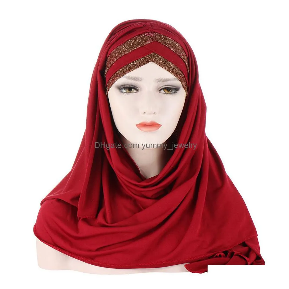 scarves glitter amira muslim women long scarf pull on ready wear instant cap headwear wrap hijab turban arab femme chemo shawl 230301