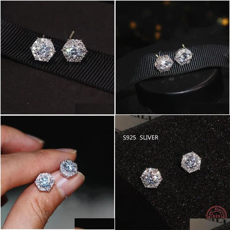 Simple Fashion Jewelry Stunning Real 925 Sterling Silver Round Cut White Topaz CZ Diamond Gemstones Party Women Wedding Bridal Stud