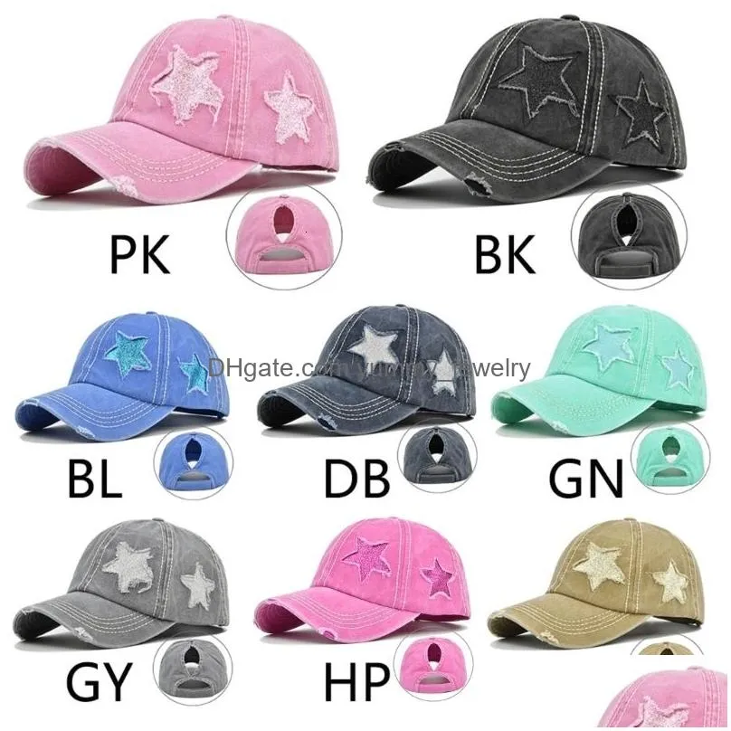 ball caps womens washed cotton baseball cap glitter star embroidery vintage distressed messy high bun ponytail hole trucker hat 230410