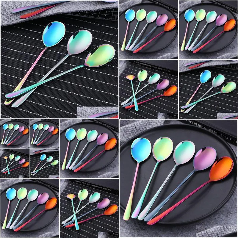 colorful coffee spoon stainless steel long handle korean mixing set dessert long ice kitchen scoop rra32