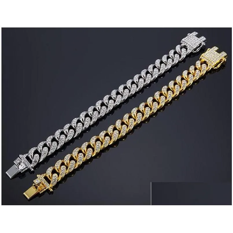 Mens Hip Hop Gold Bracelets Jewelry Simulated Diamond Rhinestone Crystal Iced Out Chain Bracelets  Cuban Link Chain Bracelet Gift