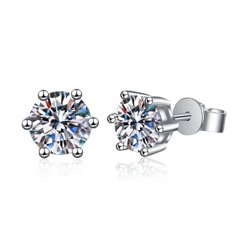Classical Six Claw Stud Earrings Simple Fashion Jewelry Solitaire 100% 925 Sterling Silver Round Cut White Moissanite CZ Diamond Gemstone Party Women Earring