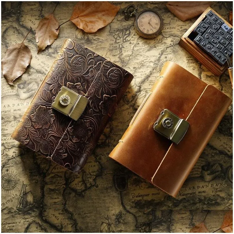 wholesale notepads retro leather journey diary notepad journal planner notebook with password lock for women men kid artist writer present