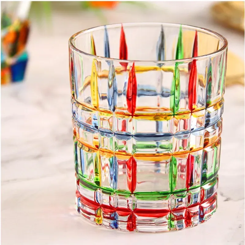 100pcs dining bar stained glass scandinavian fashion hand-painted pattern juice weave contrast mug thickened glass mug woven whiskey wine