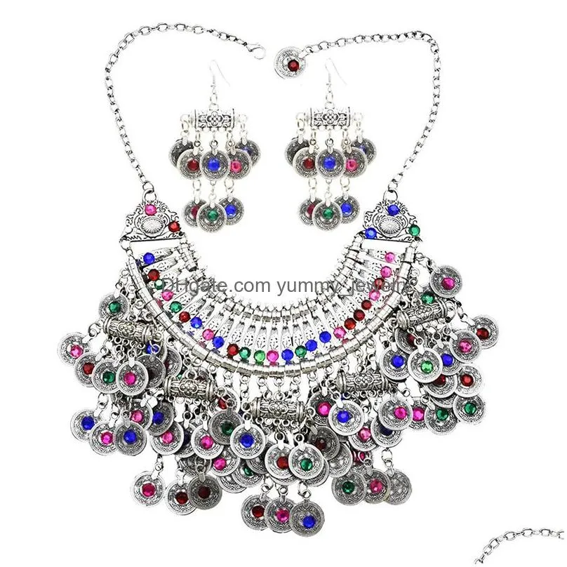 earrings necklace 3 pc indian jewerly sets for women boho ethnic hairbands coins tassels vintage colorful crystal drop female 230410