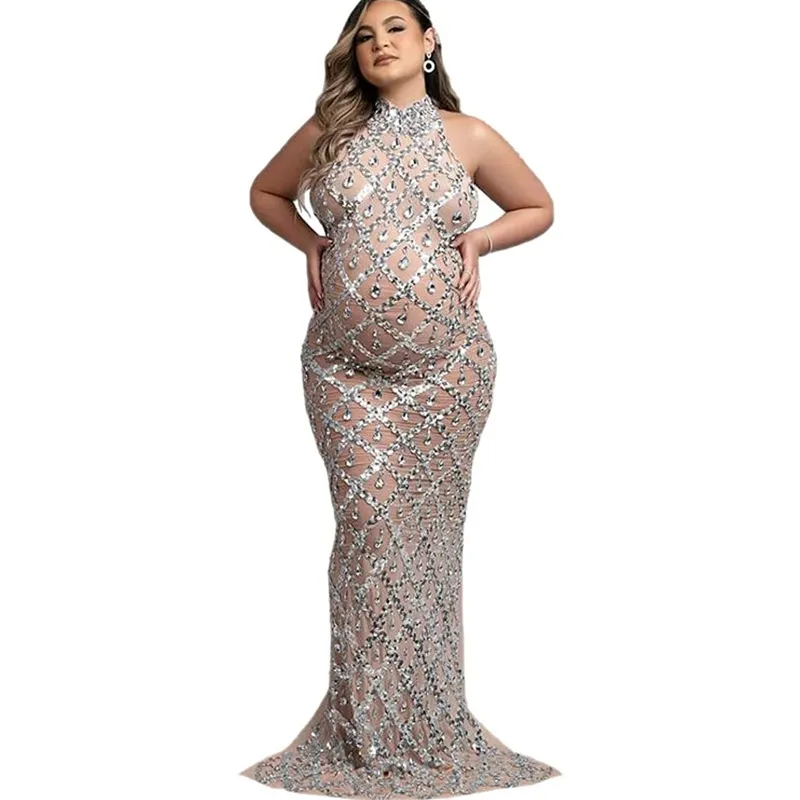 Maternity Photography Props Dress Off Shoulders Stretchy Lace Plus Size Sexy Shiny Goddess Senior Pregnant Photoshoot Dresses