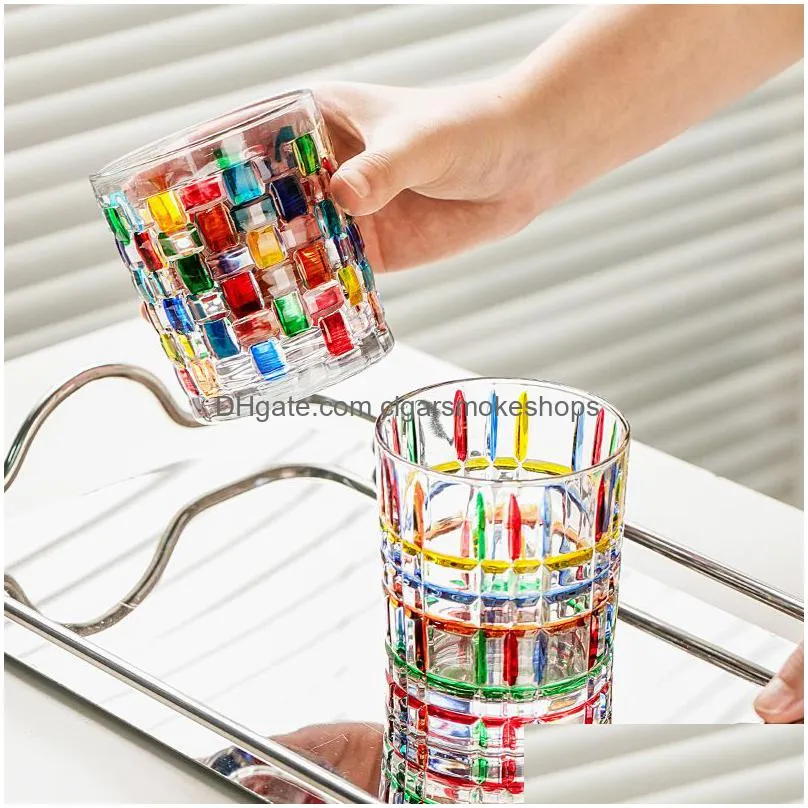 100pcs dining bar stained glass scandinavian fashion hand-painted pattern juice weave contrast mug thickened glass mug woven whiskey wine