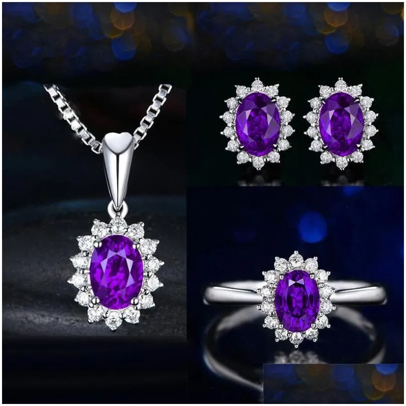 New Arrival Saprkling Luxury Jewelry Set 925 Sterling Silver Oval Cut Blue Sapphire CZ Diamond Women Wedding Earring Ring Necklace