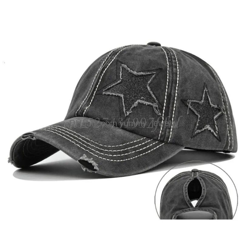 ball caps womens washed cotton baseball cap glitter star embroidery vintage distressed messy high bun ponytail hole trucker hat 230410