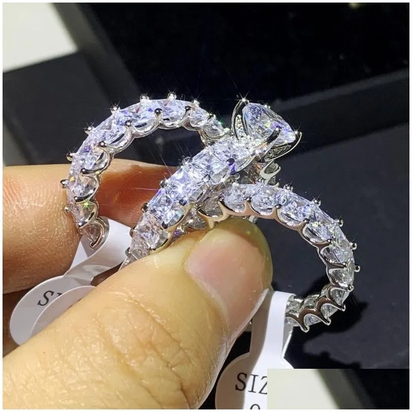 Ins Top Sell Stunning Luxury Jewelry 925 Sterling Silver Princess Cut White Topaz CZ Diamond Stack Eternity Women Wedding Band Ring