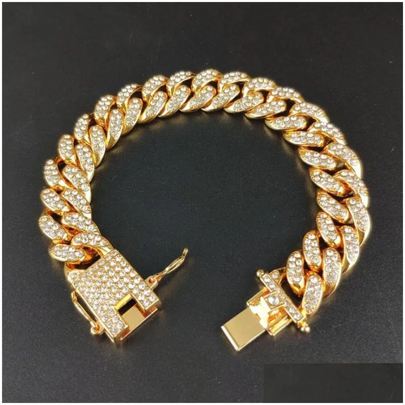 Mens Hip Hop Gold Bracelets Jewelry Simulated Diamond Rhinestone Crystal Iced Out Chain Bracelets  Cuban Link Chain Bracelet Gift