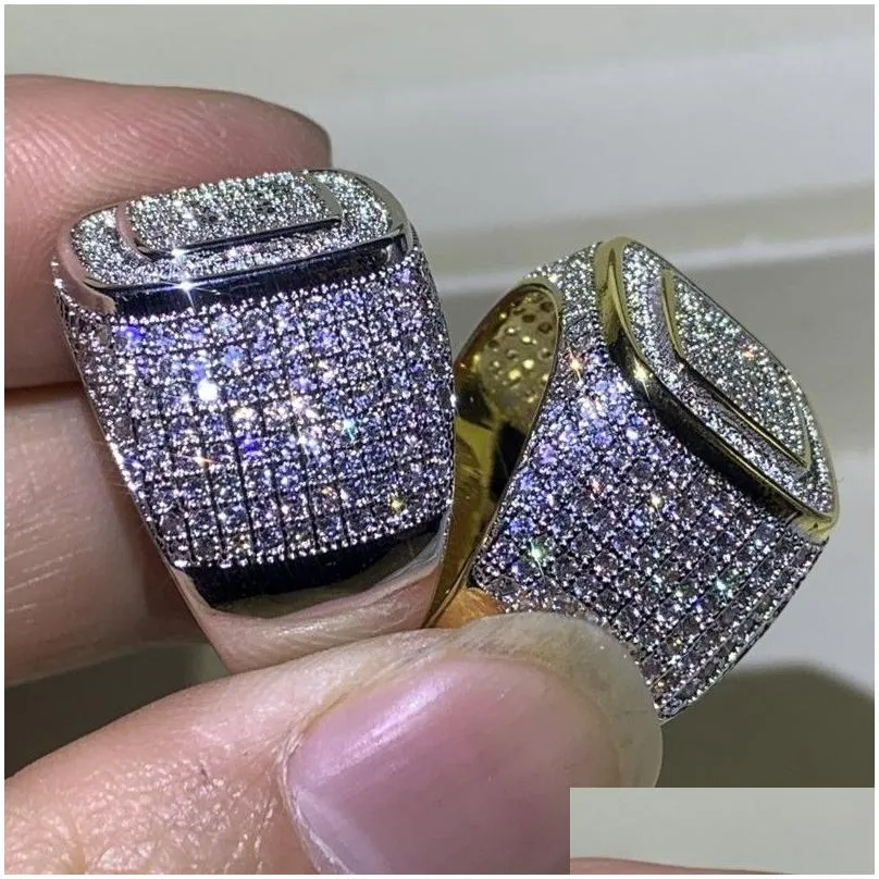 Hip Hop Sparkling Luxury Jewelry Male Fashion 925 Silver Gold Fill Pave White Sapphire CZ Diamond Gemstones Wedding Band Ring For Men