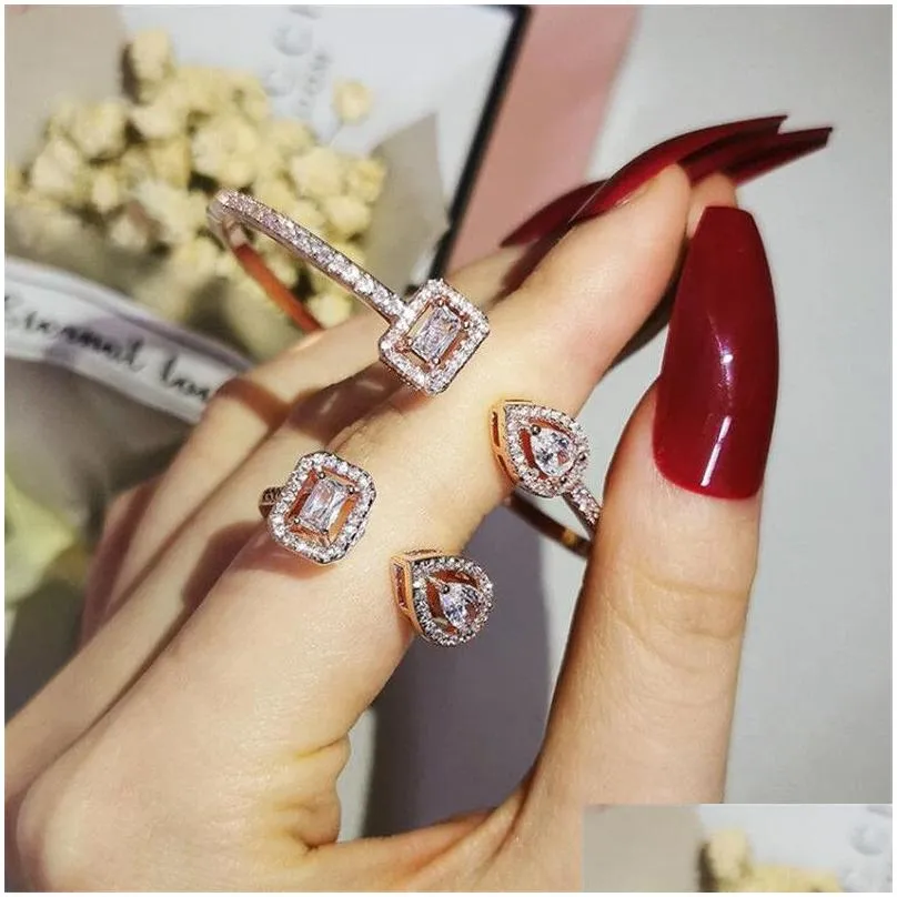 Handmade Luxury Wedding Jewelry Sets Choucong Brand Design 925 Sterling Silver Rose Gold Fill Princess Cut White Topaz CZ Diamond Gemstones Women Ring Bangle