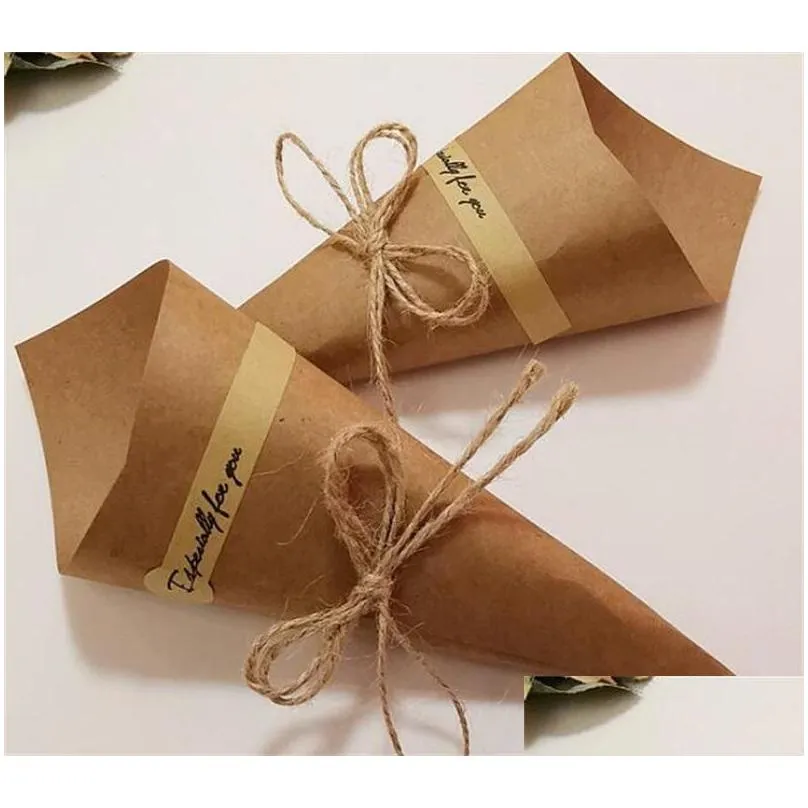 party favor retro kraft paper gift wrapping bouquet primary color cone dried flower packing box diy rope candy wedding valentine day
