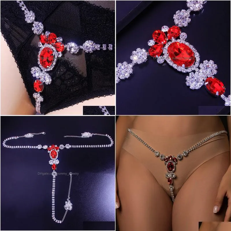 navel bell button rings sexy underwear red crystal thong bikini jewelry panties for women beach bling belly waist chain body jewelry lingerie