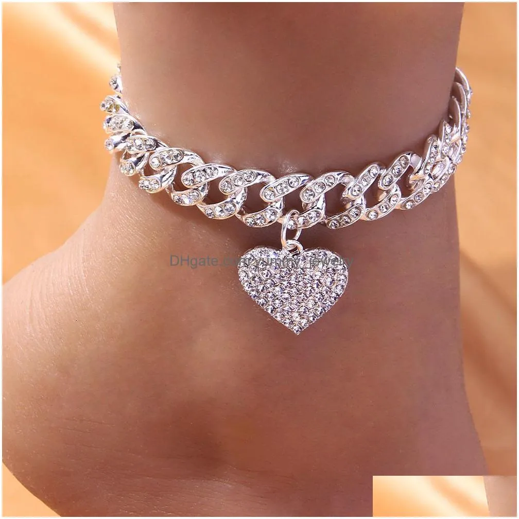 anklets full  cuban chain ankle ice out bracelet men`s hip hop ankle heart shaped ankle wholesale 230512