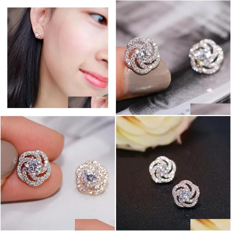 Handmade Womens Fashion Jewelry 925 Sterling Silver Round Cut White Topaz CZ Diamond Gemstones Women Wedding Rose Flower Stud Earring