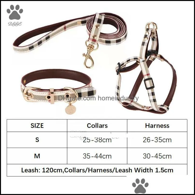 Designer Dog Collar Leashes Set Classic Plaid Leather Pet Leash No Pull Dog Harness for Small Medium Dogs Cat Chihuahua Bulldog Poodle Brown S