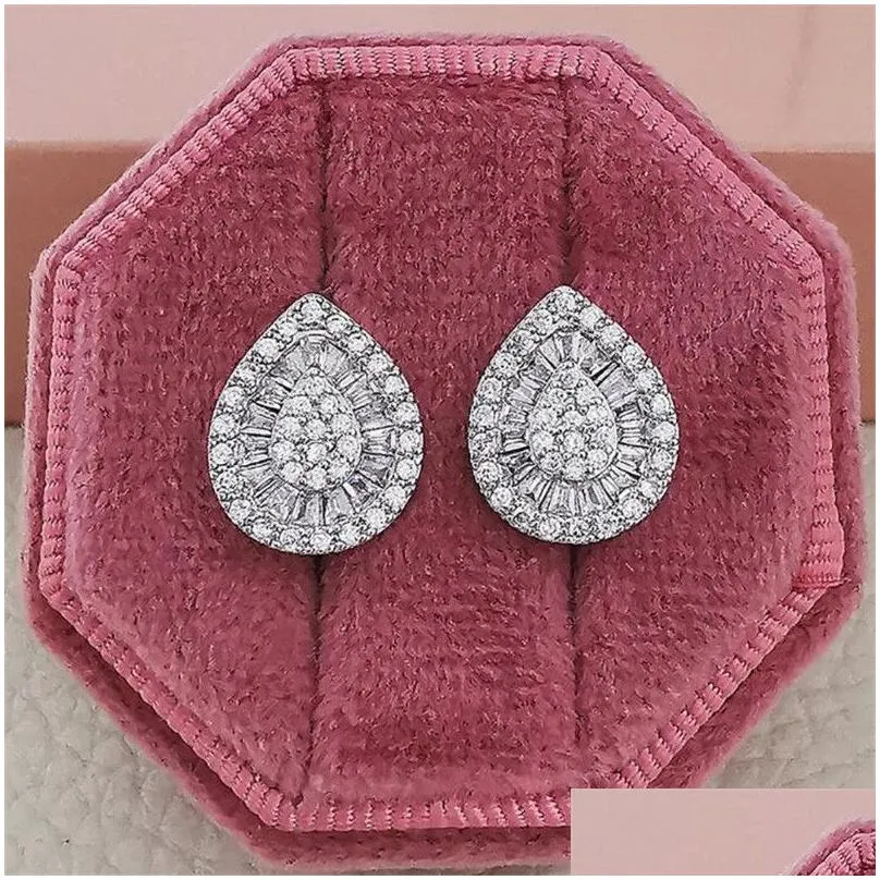 Ins Top Sell Stud Earrings Luxury Jewelry 925 Sterling Silver Princess Cut 5A Cubic Zircon CZ Diamond Pave Sparkling Women Wedding Water Drop Earring For Lover