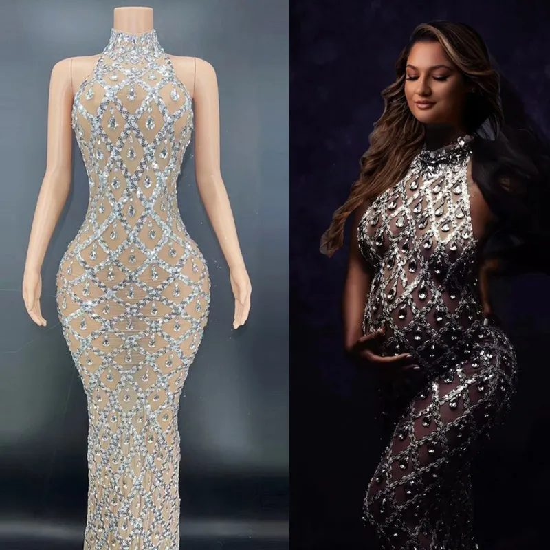 Maternity Photography Props Dress Off Shoulders Stretchy Lace Plus Size Sexy Shiny Goddess Senior Pregnant Photoshoot Dresses