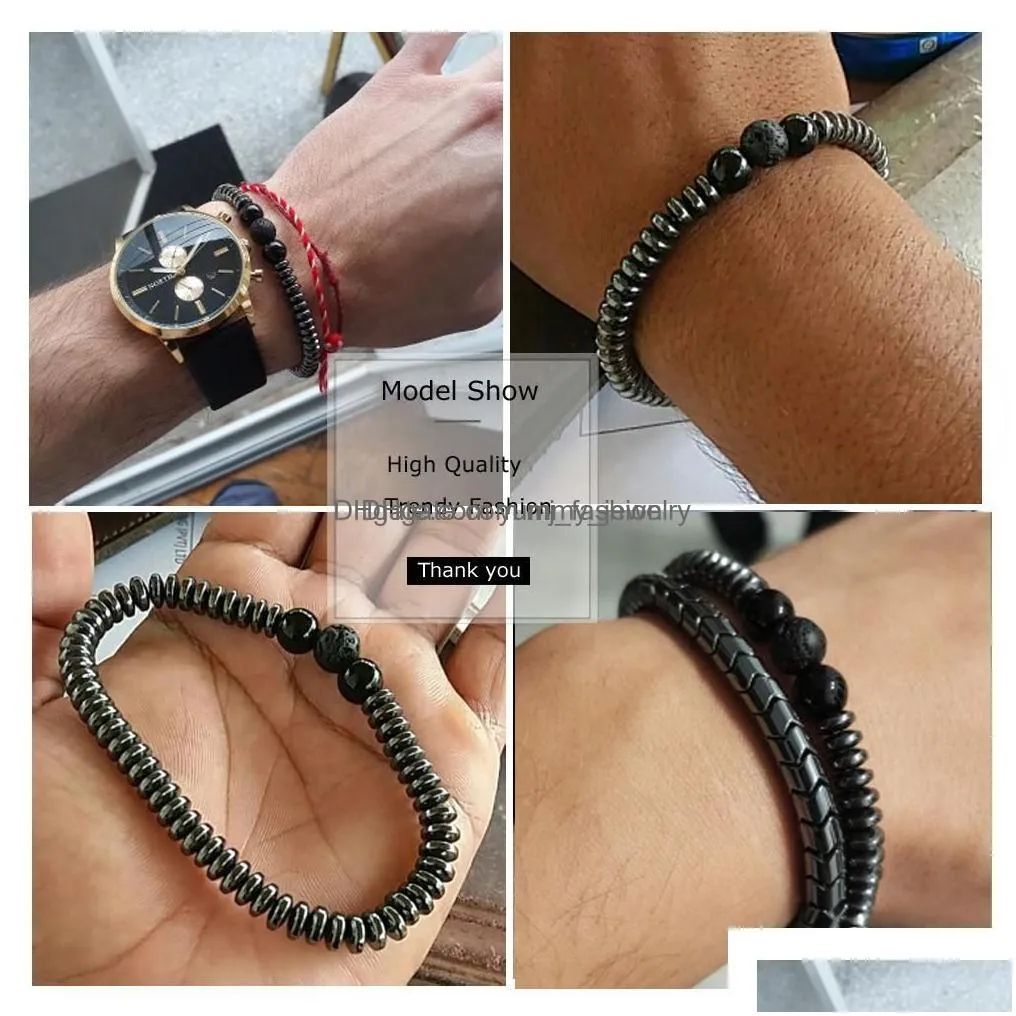 beaded new natural irregar hematite bracelet men fashion black geometric stone beads elasticity rope bracelets for women man persona