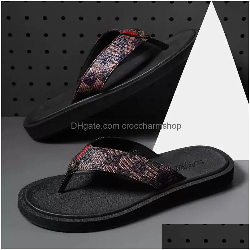 luxury brand designer rubber slides sandals floral brocade men slipper flat bottoms flip flops mens black brown grey striped beach