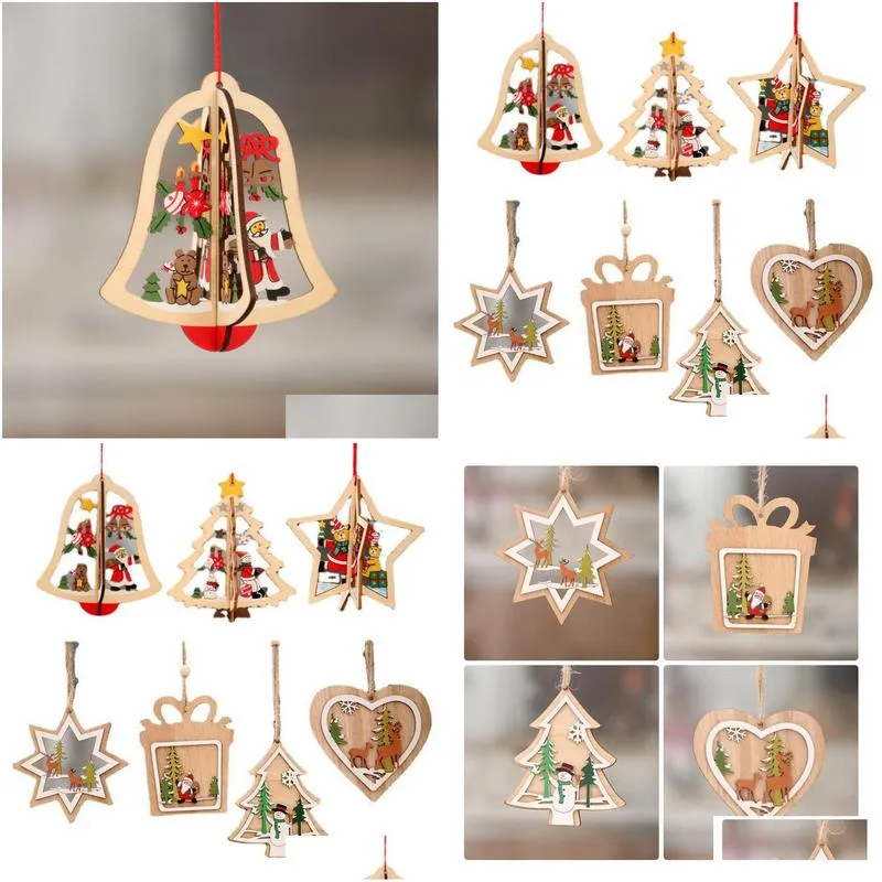 christmas decorations wooden laser hollow tree pendant 3d wooden santa claus elk snowman decorate rra67