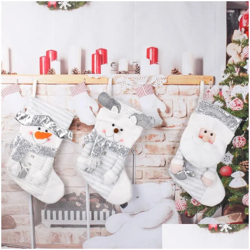 christmas stockings socks santa claus snowman elk glitter gift bag tree hanging ornaments home party candy bags gifts sea shipping