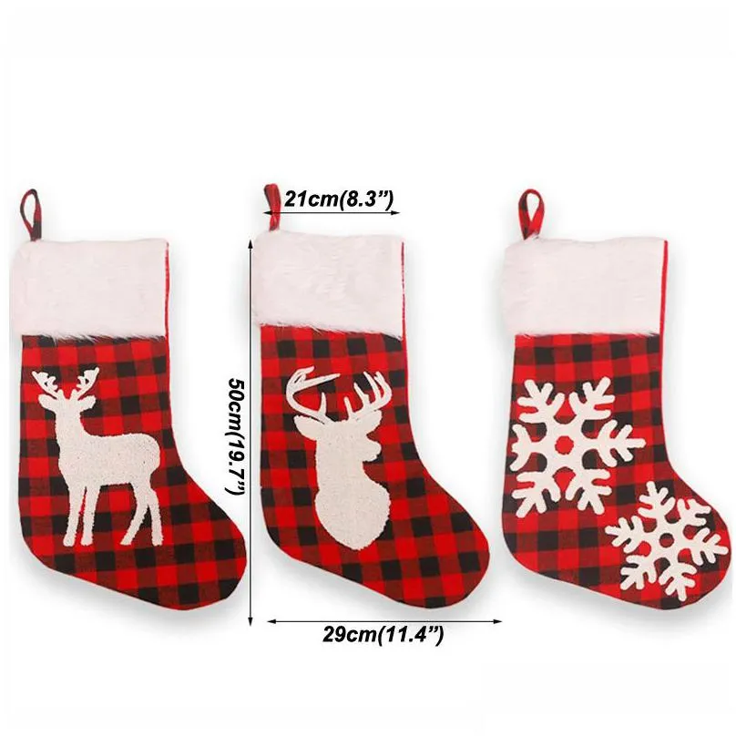 christmas plaid print stocking socks red black plaid candy gift bags xmas tree hanging ornament new year christmas tree decor vt1727