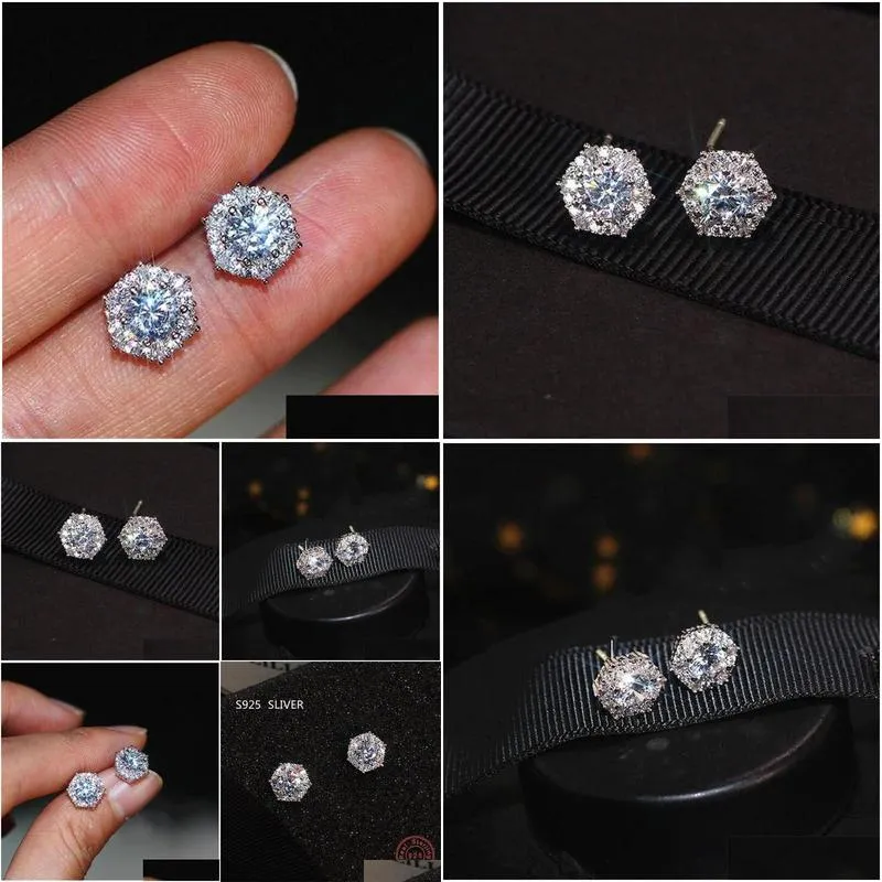 Simple Fashion Jewelry Stunning Real 925 Sterling Silver Round Cut White Topaz CZ Diamond Gemstones Party Women Wedding Bridal Stud