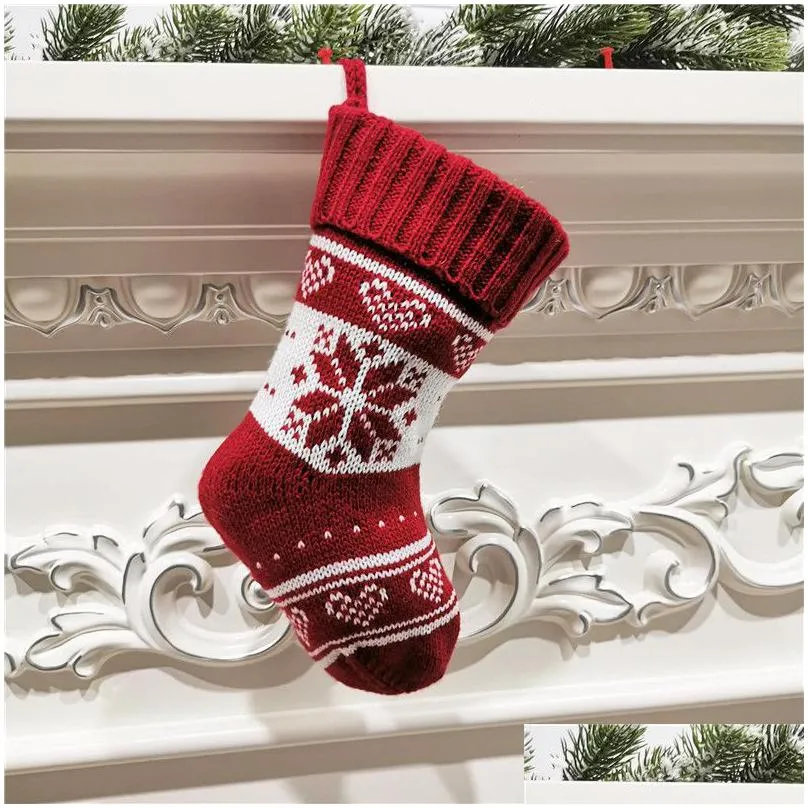 christmas knitting stockings 9 inch yarn ornaments gift bag red merry christmas happy new year gift candy socks eec2919