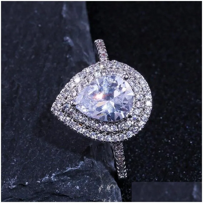 Size 6-10 Stunning Luxury Jewelry 925 Stearling Silver Drop Water White Topaz CZ Diamond Gemstones Party Women Wedding Bridal Ring