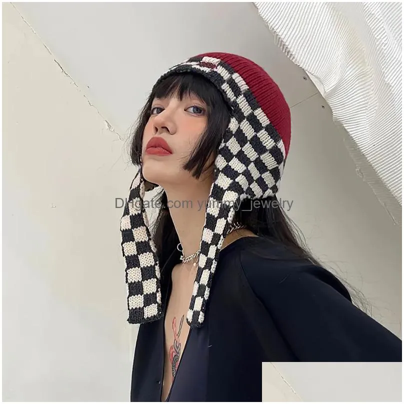 trapper hats chessboard lattice winter hats hat with earflaps russian caps fur hood wool womens bomber warm beanies cap 220829