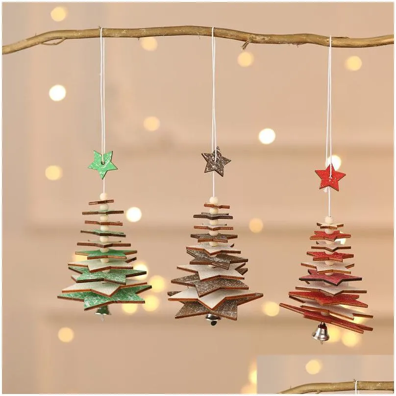 new wooden christmas pendant creative five-pointed star snowflake bell christmas tree hanging small ornaments party colorful decor