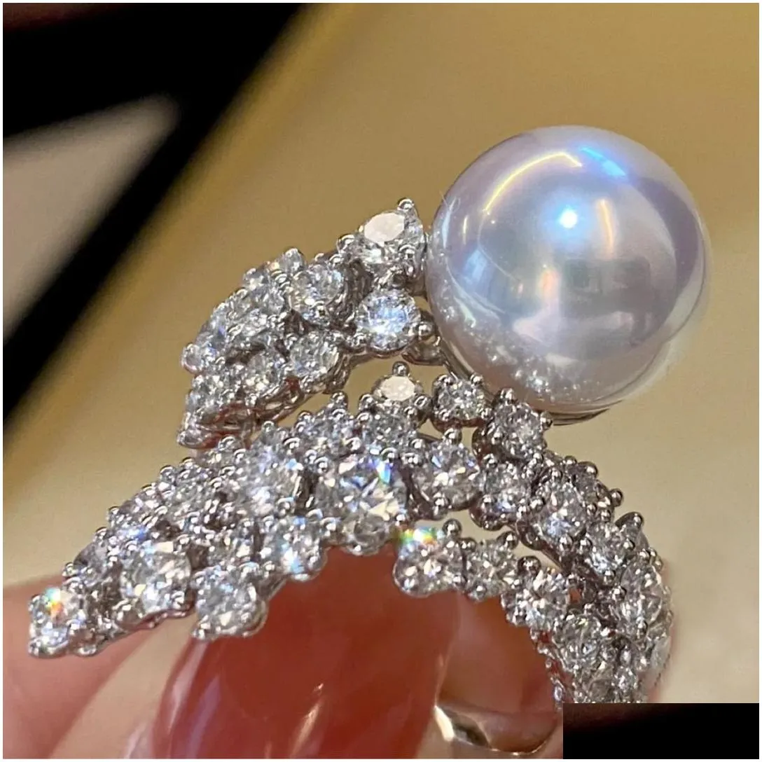 Ins Top Sell Wedding Rings Luxury Jewelry 925 Sterling Silver 5A Cubic Zircon CZ Diamond Pearl Party Promise Women Engagement Adjustable Open Ring For Lover